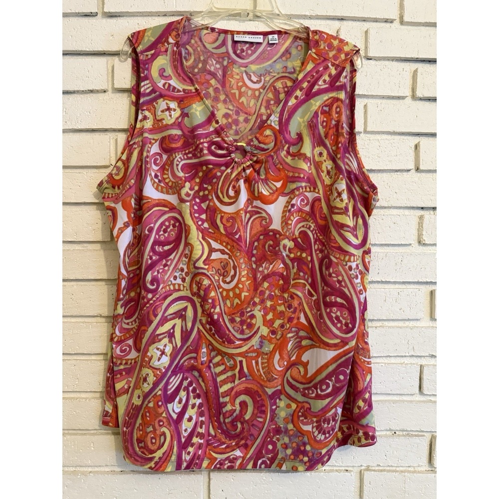 Susan Graver Size 2X  Pink & Orange Paisley Sleeveless Liquid Knit Tank Top
